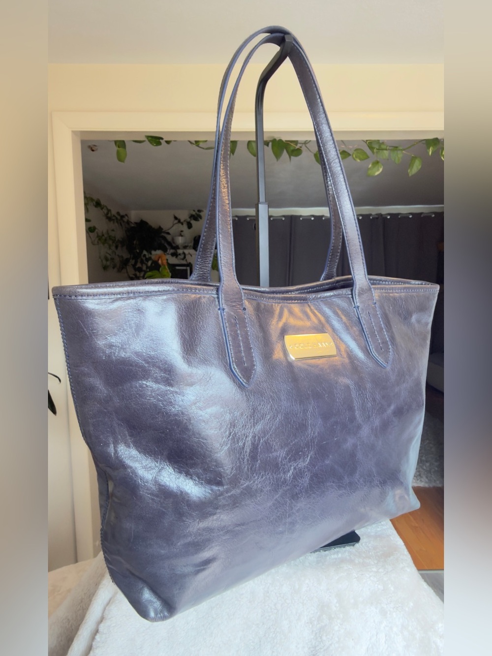 Cole Haan Large Blue Pebbled Leather Everyday Tote Shoulder Bag